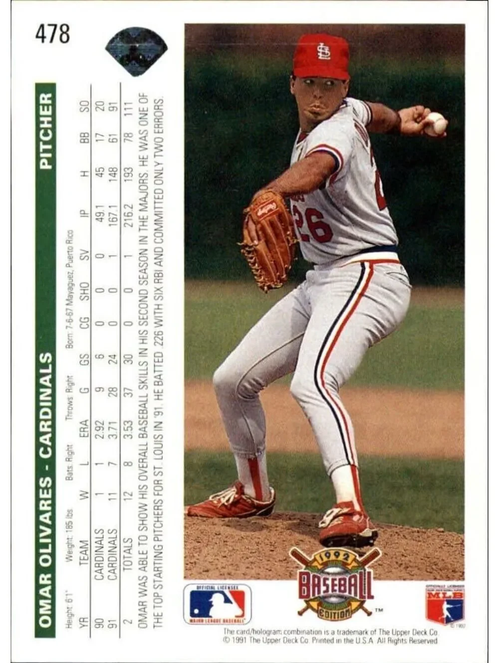 Omar Olivares 1992 Upper Deck MLB #478 Baseball Card St. Louis Cardinals